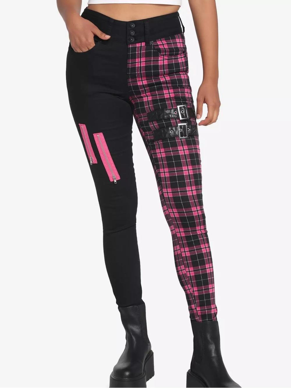 Hot Topic Split Black & Pink Plaid Skinny Jeans With Buckle & Zipper Detail NWT